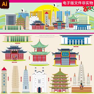 中国四川彭州市地标彭州国潮手绘彭州地标建筑手绘矢量彭州素材图