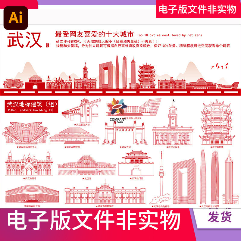 武汉地标武汉矢量地标建筑武汉天际线武汉剪影武汉线描素材模板
