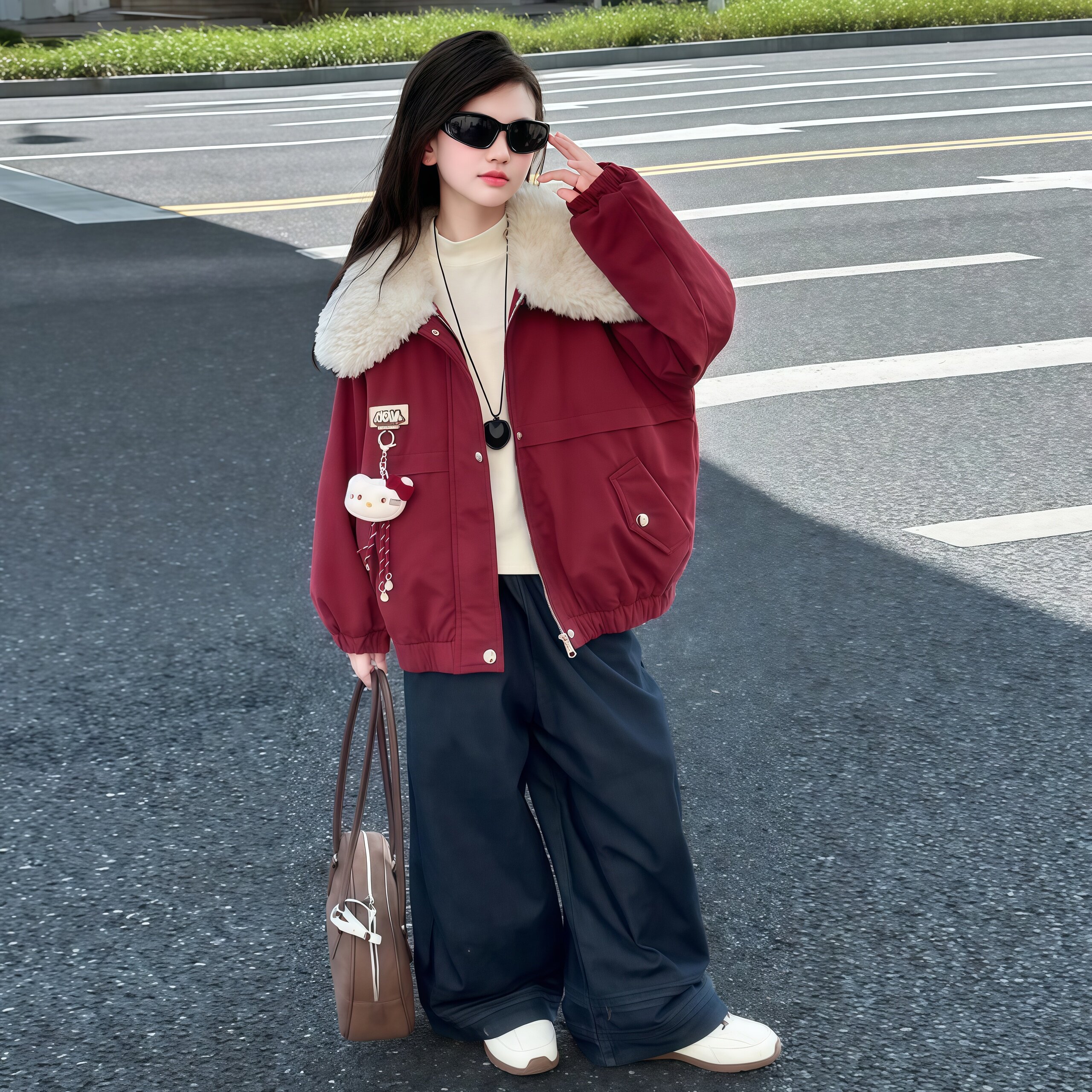 女童复古毛领保暖外套秋冬2026新款大童洋气加绒加厚棉服派克服