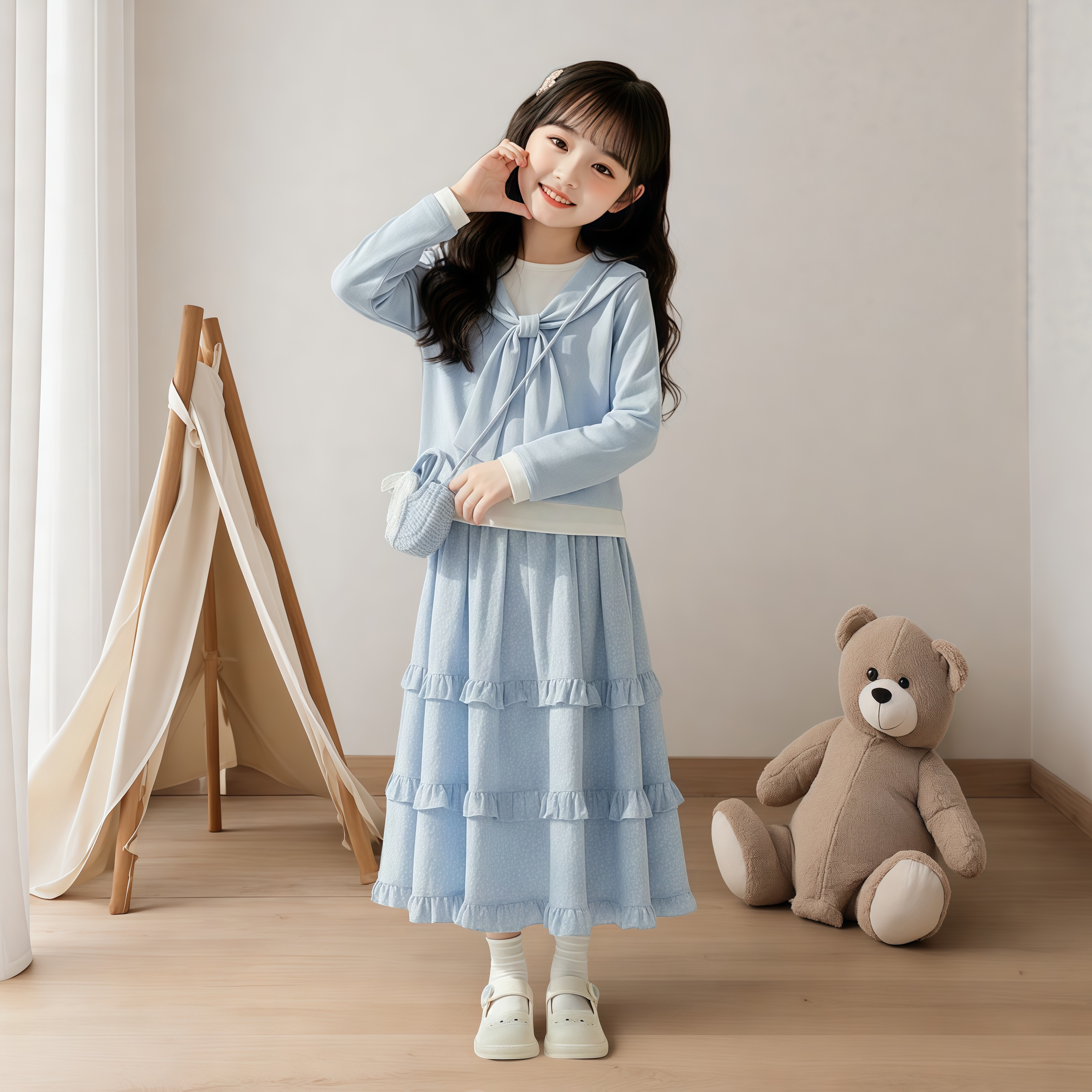 女童春装连衣裙套装2026新款中大童超仙甜美长袖上衣半身裙两件套