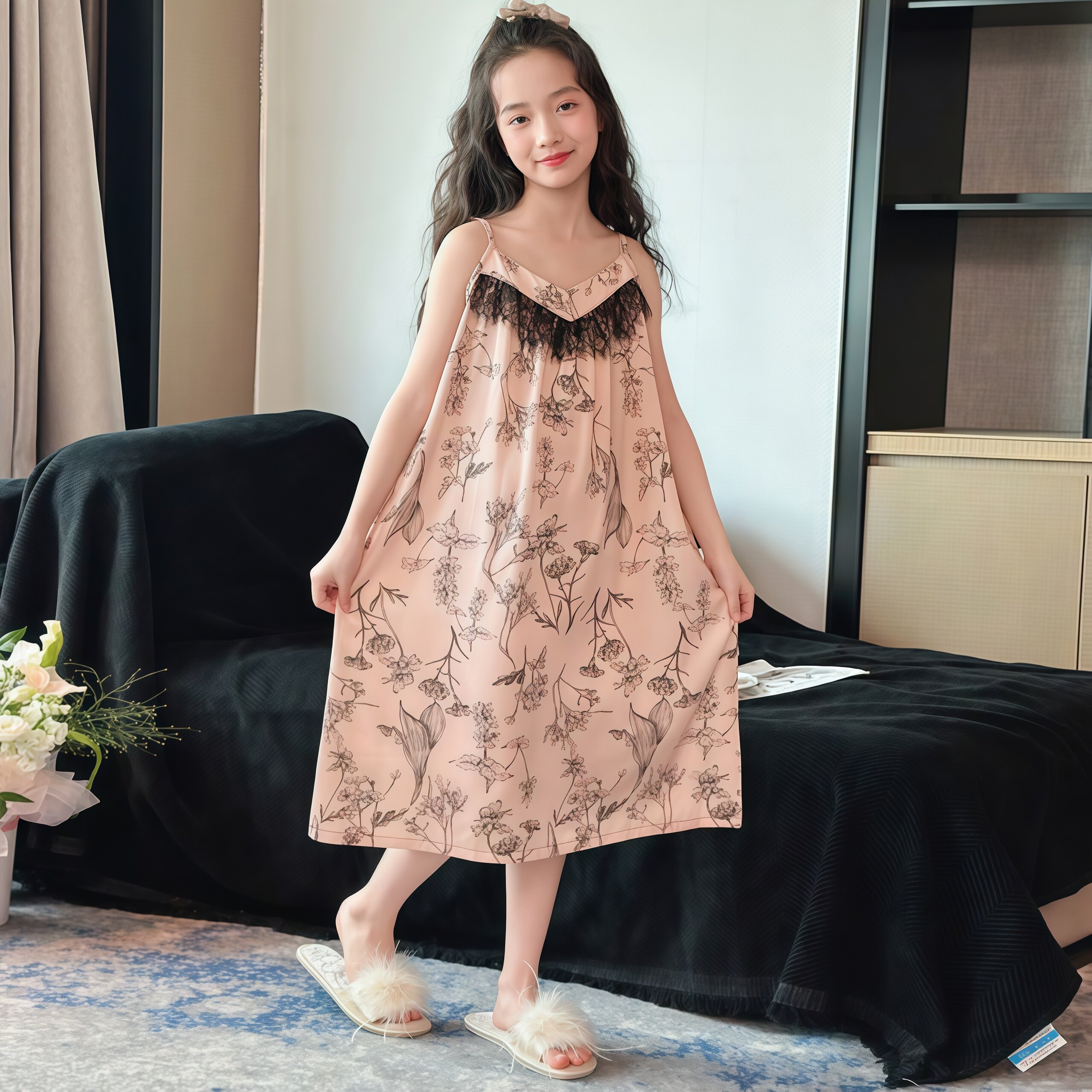 女童冰丝吊带睡裙2026新款夏季公主风儿童家居服中大童女孩睡衣