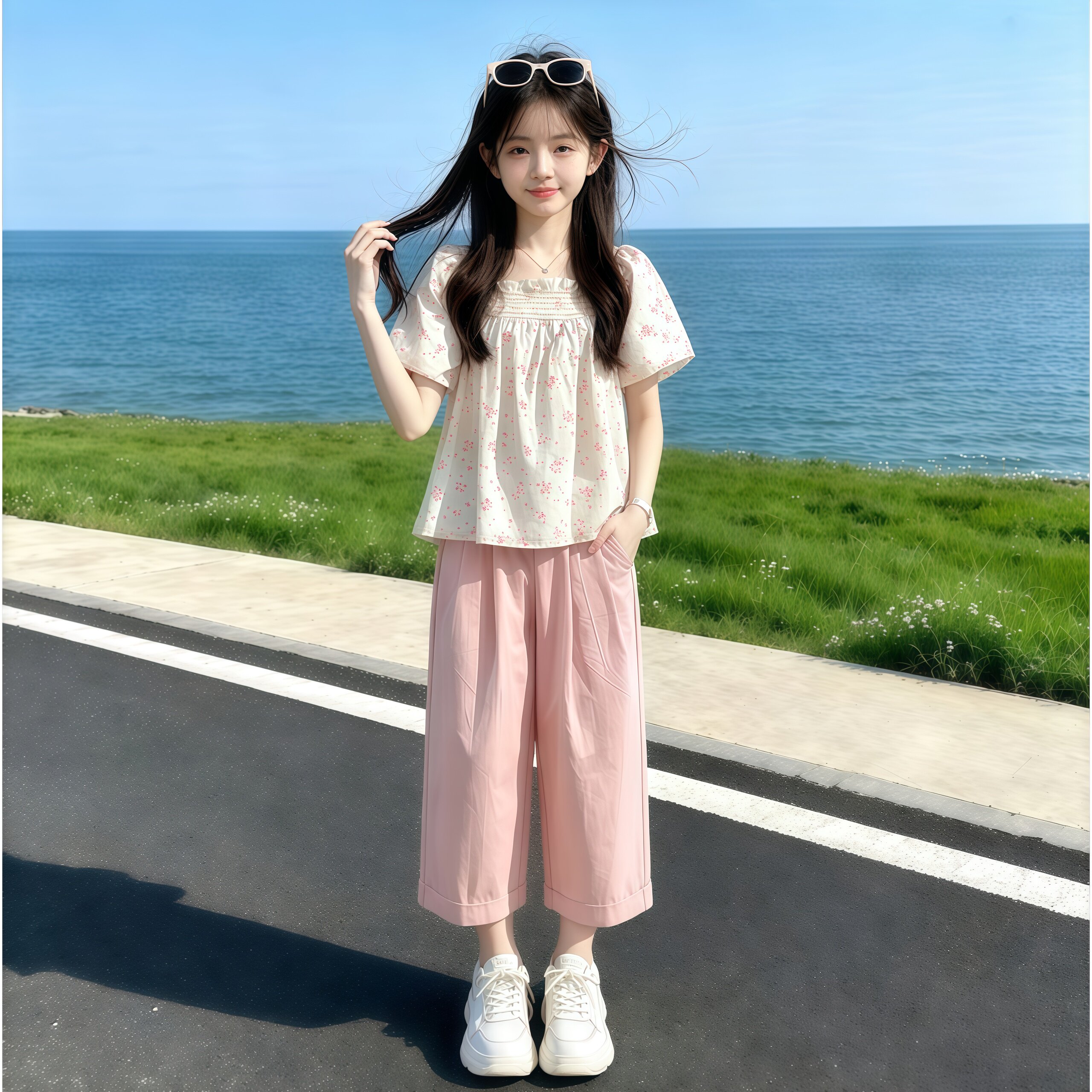 韩系女童夏装套装2026新款中大童学生碎花娃娃衫阔腿九分裤两件套