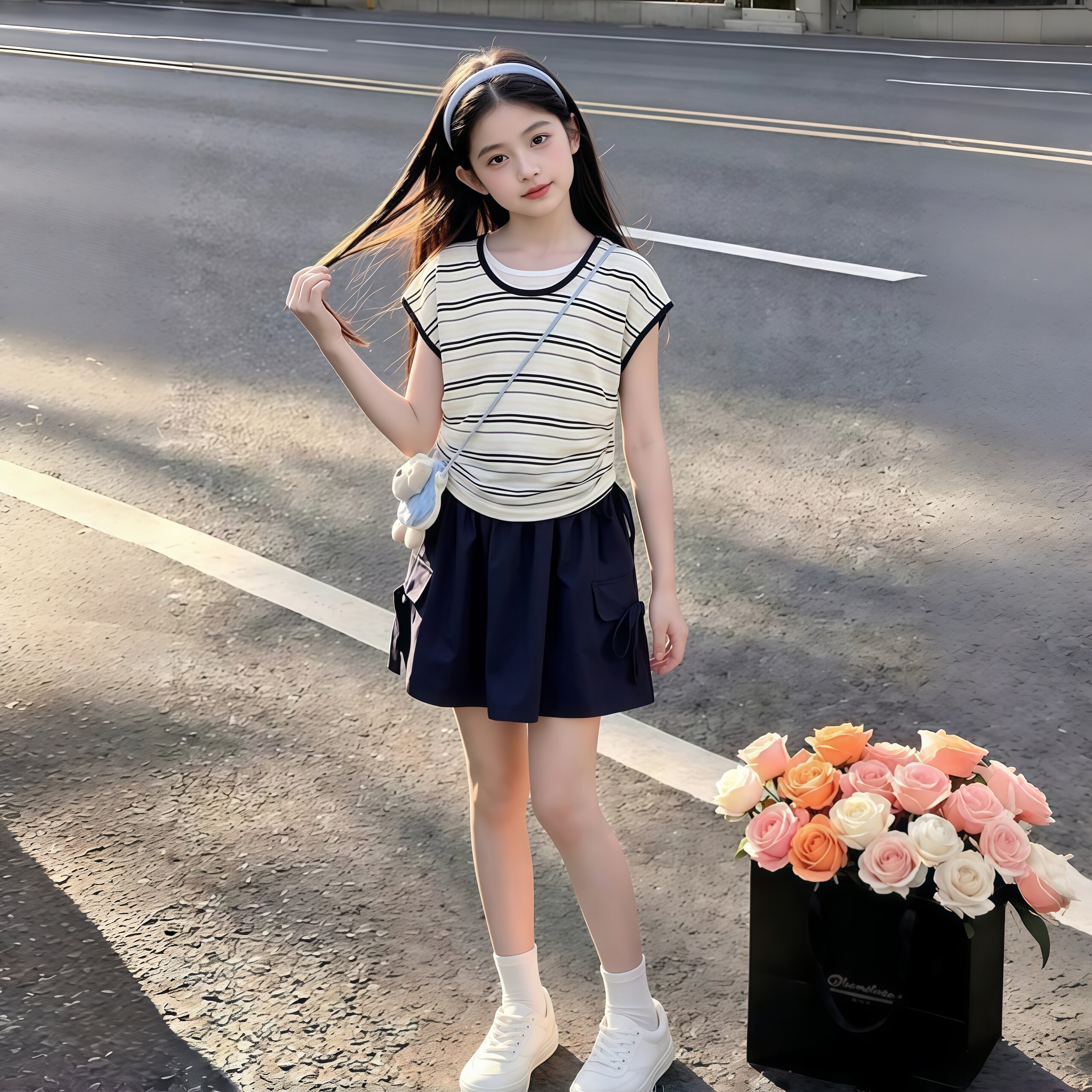 女童夏装裙子套装2026新款中大童条纹短袖t恤学院风短裙裤两件套