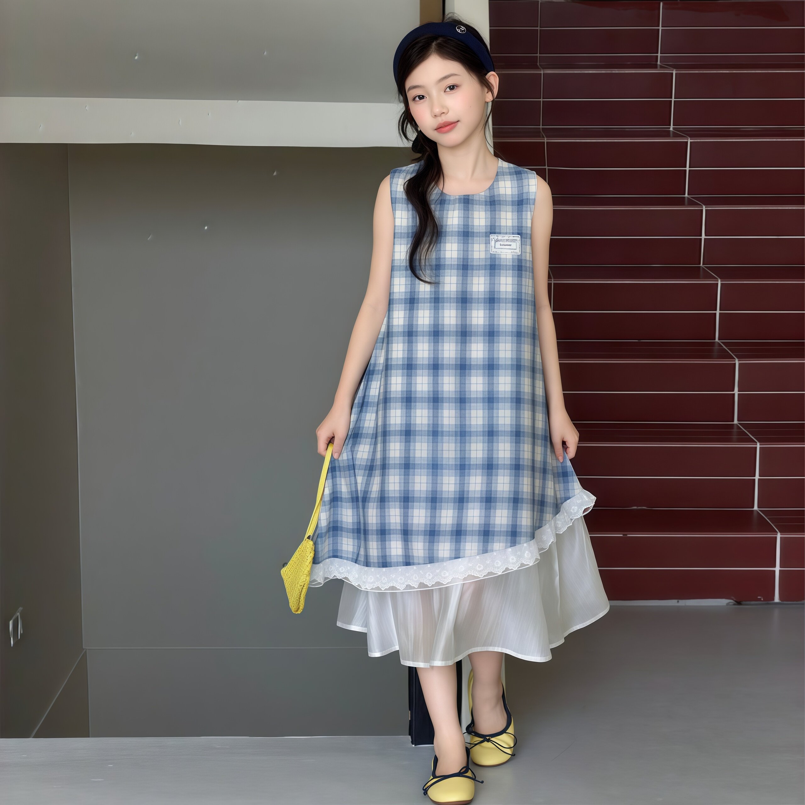 女童夏季无袖连衣裙2026新款中大童蕾丝拼接学院风宽松背心长裙子