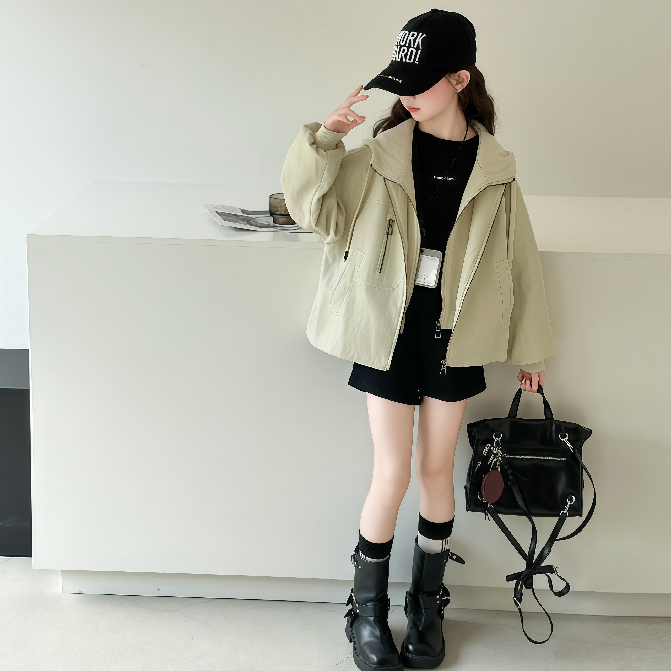 女童秋季假两件工装皮衣夹克