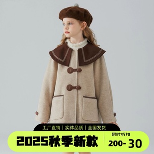 女童毛呢外套秋冬洋气2025新款中大童学院风毛呢大衣加厚夹棉冬装