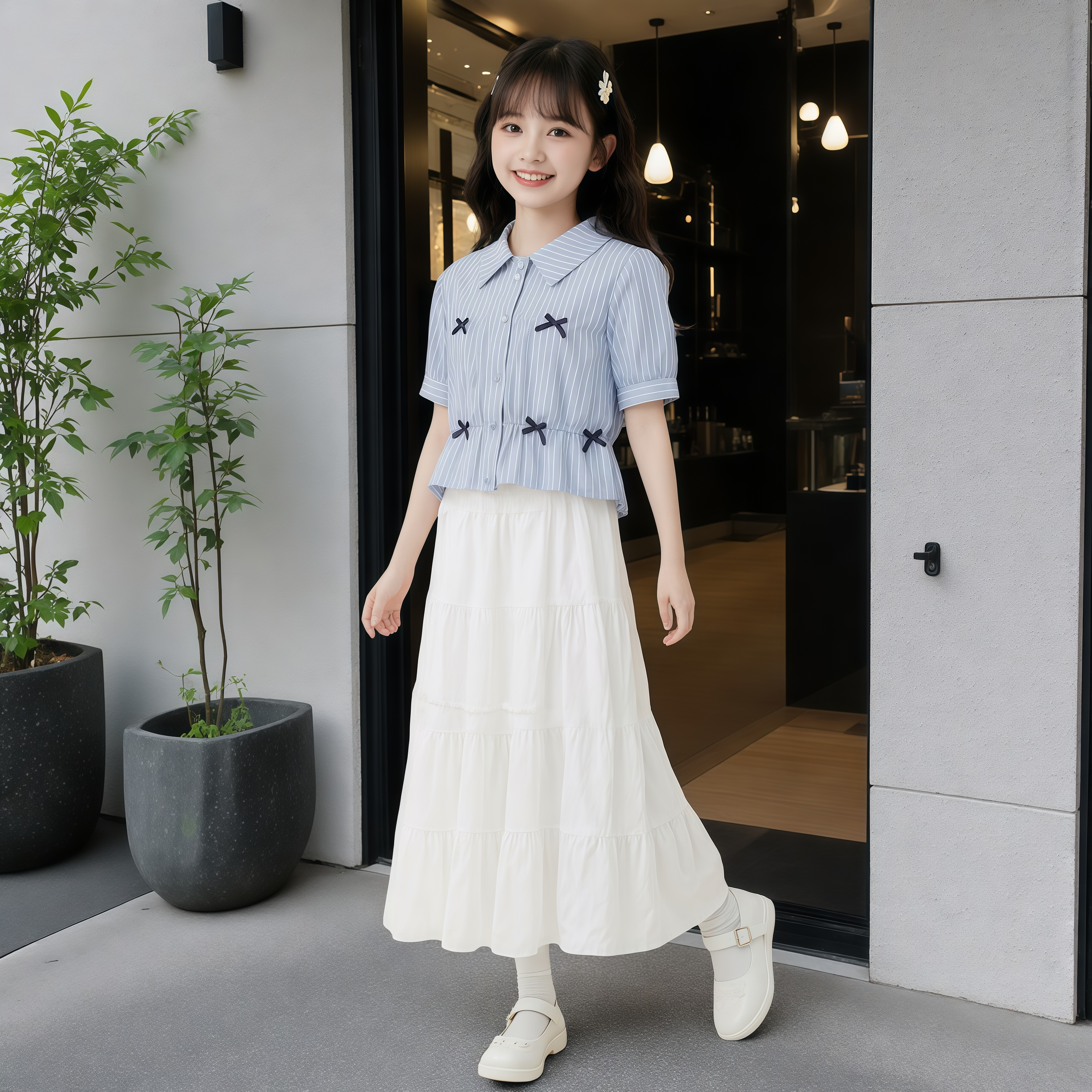 女童套装夏季2026新款女孩中大童短袖条纹衬衫半身裙两件套休闲装