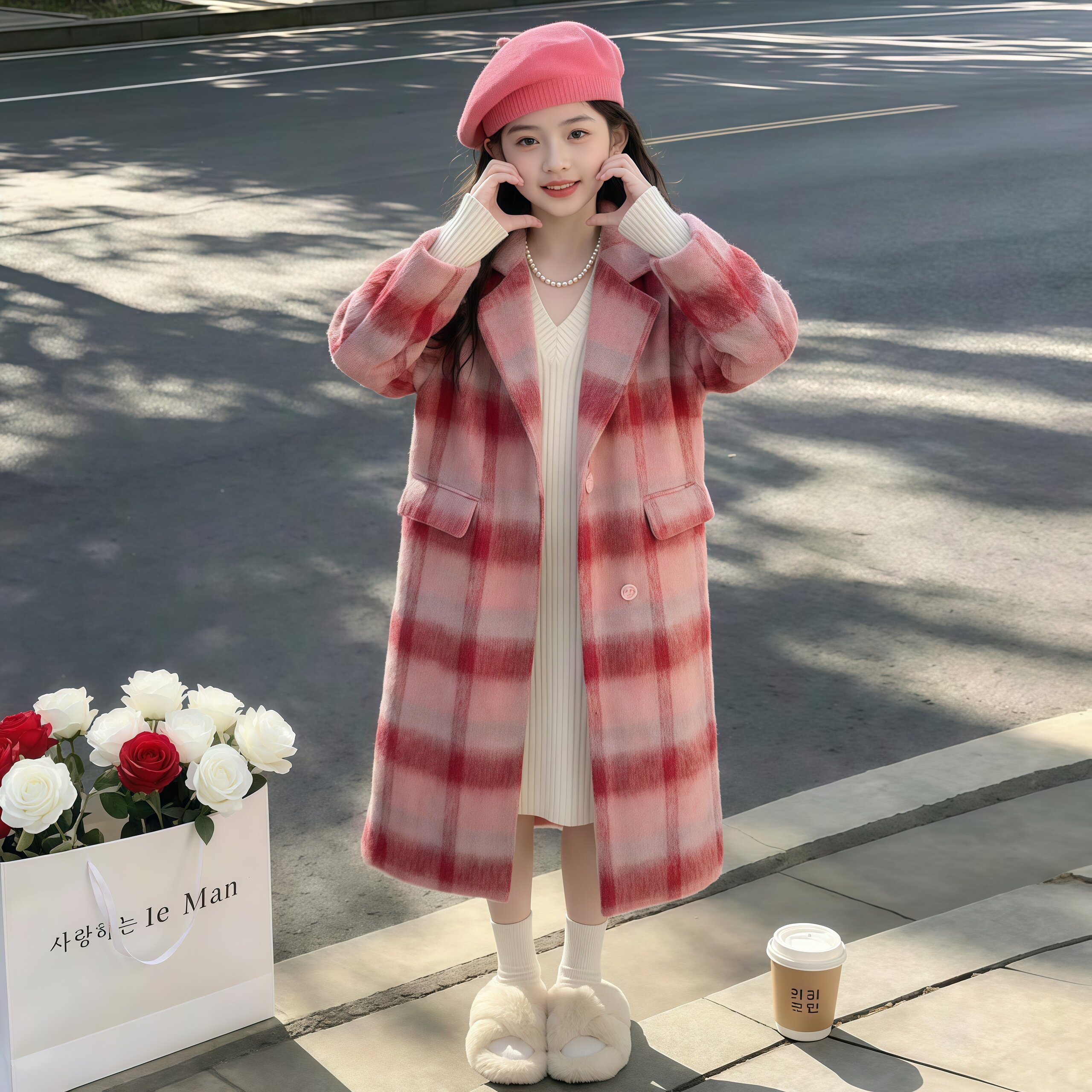 女童毛呢外套秋冬2026新款中大童洋气公主风格子大衣加棉加厚长款