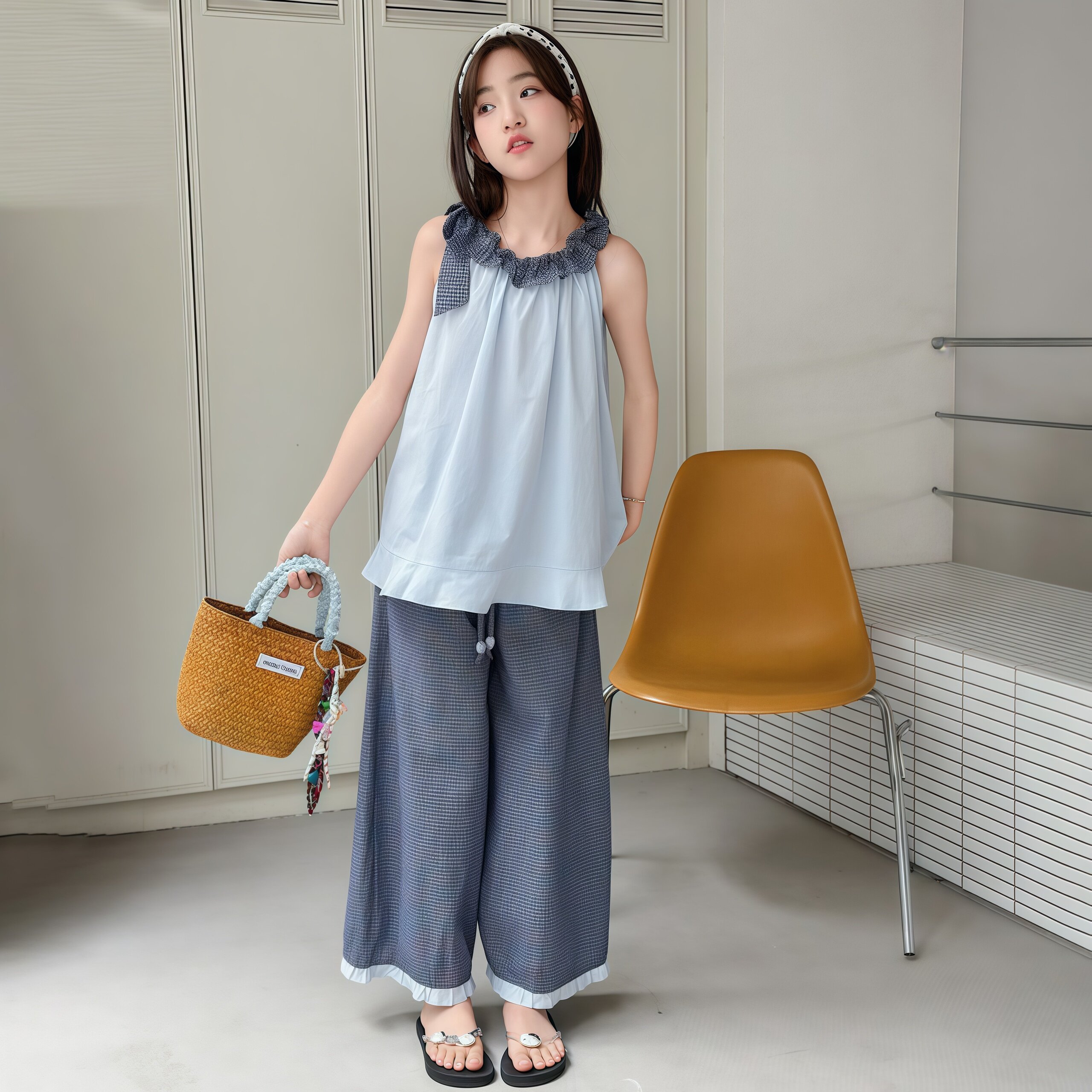 女童夏装套装2026新款挂脖荷叶边阔腿裤中大童韩系宽松洋气两件套