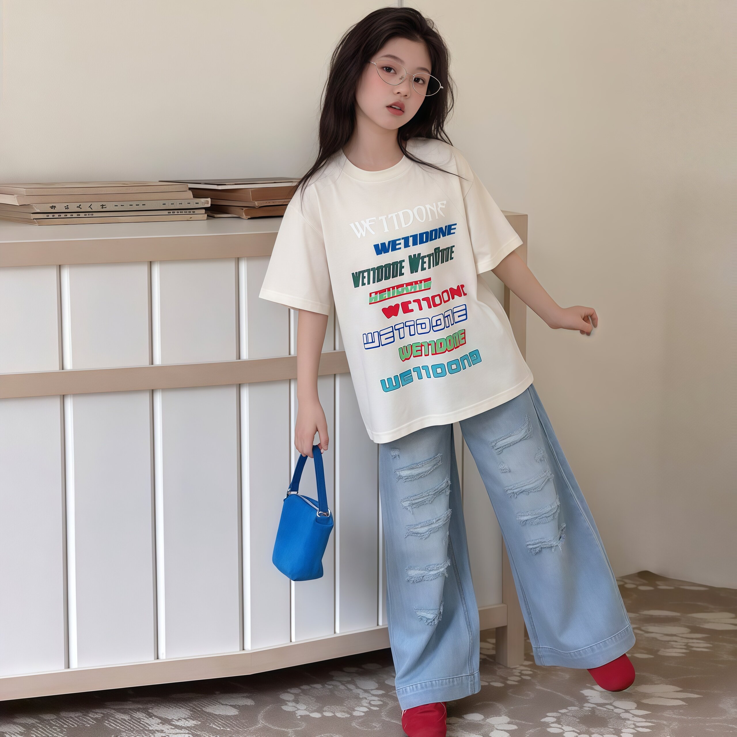 女童夏季短袖套装2026新款中大童女孩美式T恤休闲春夏破洞牛仔裤