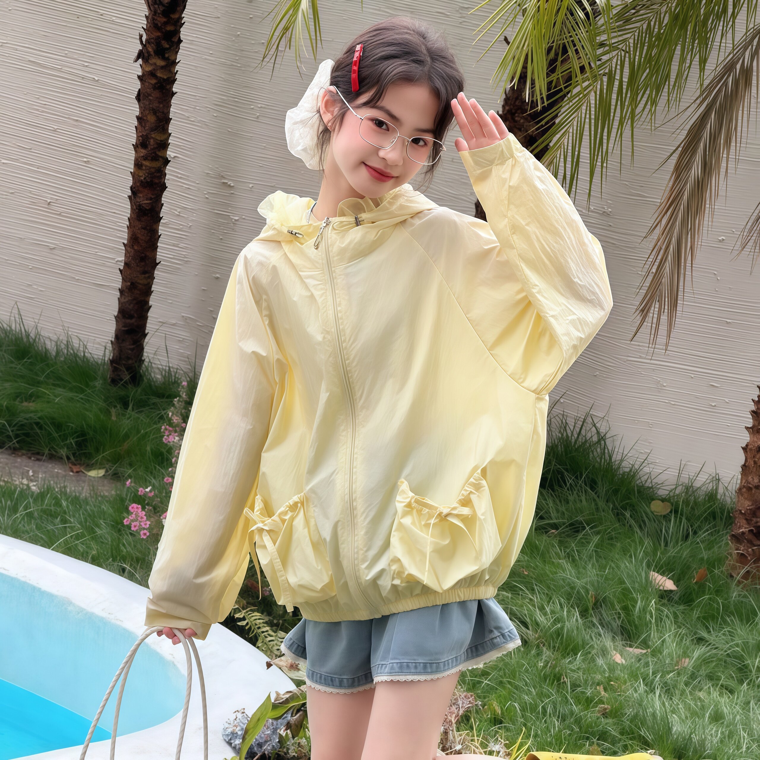 女童防晒服夏季2026新款韩系蝴蝶结连帽外套薄款中大童女孩皮肤衣