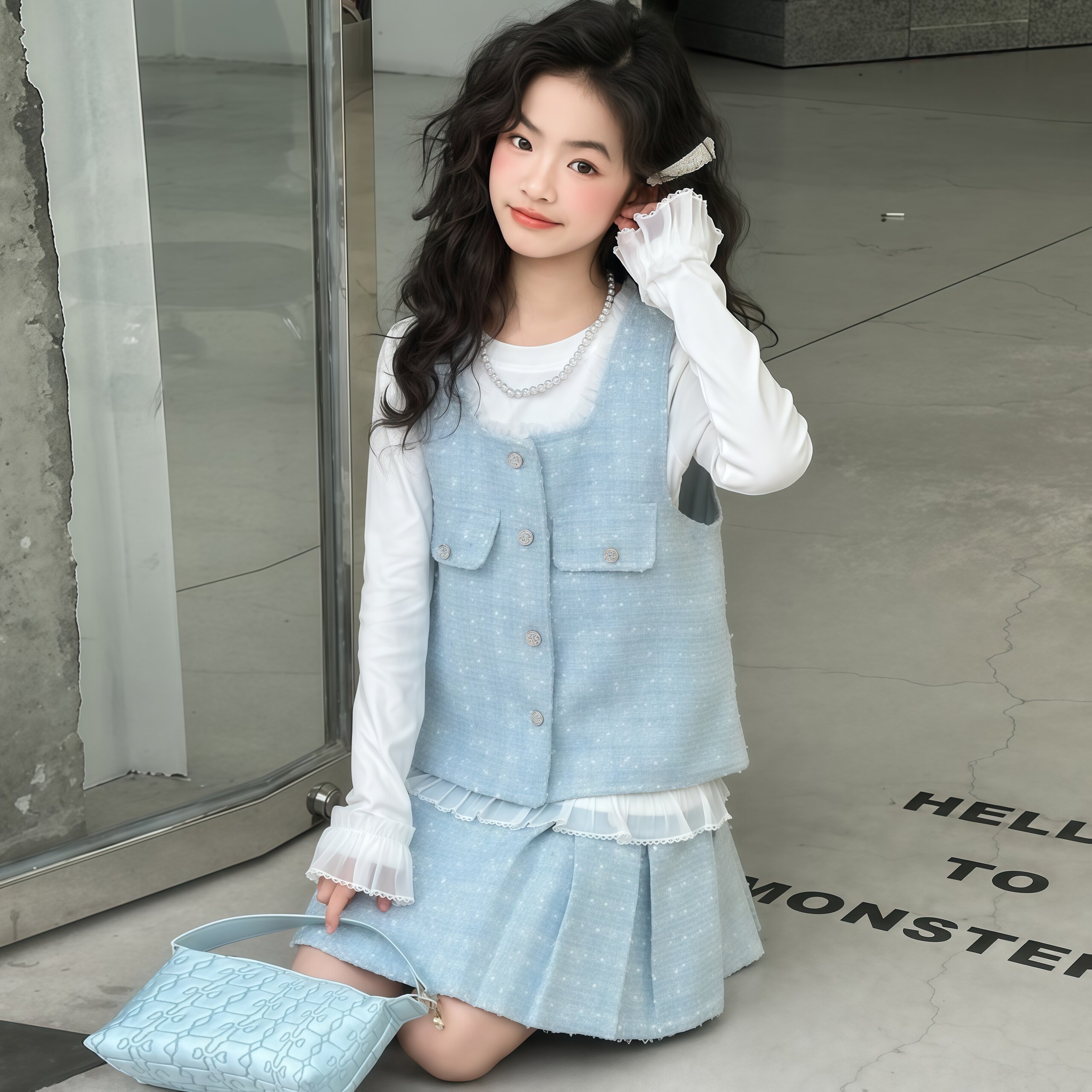 女童小香风百褶裙三件套秋款