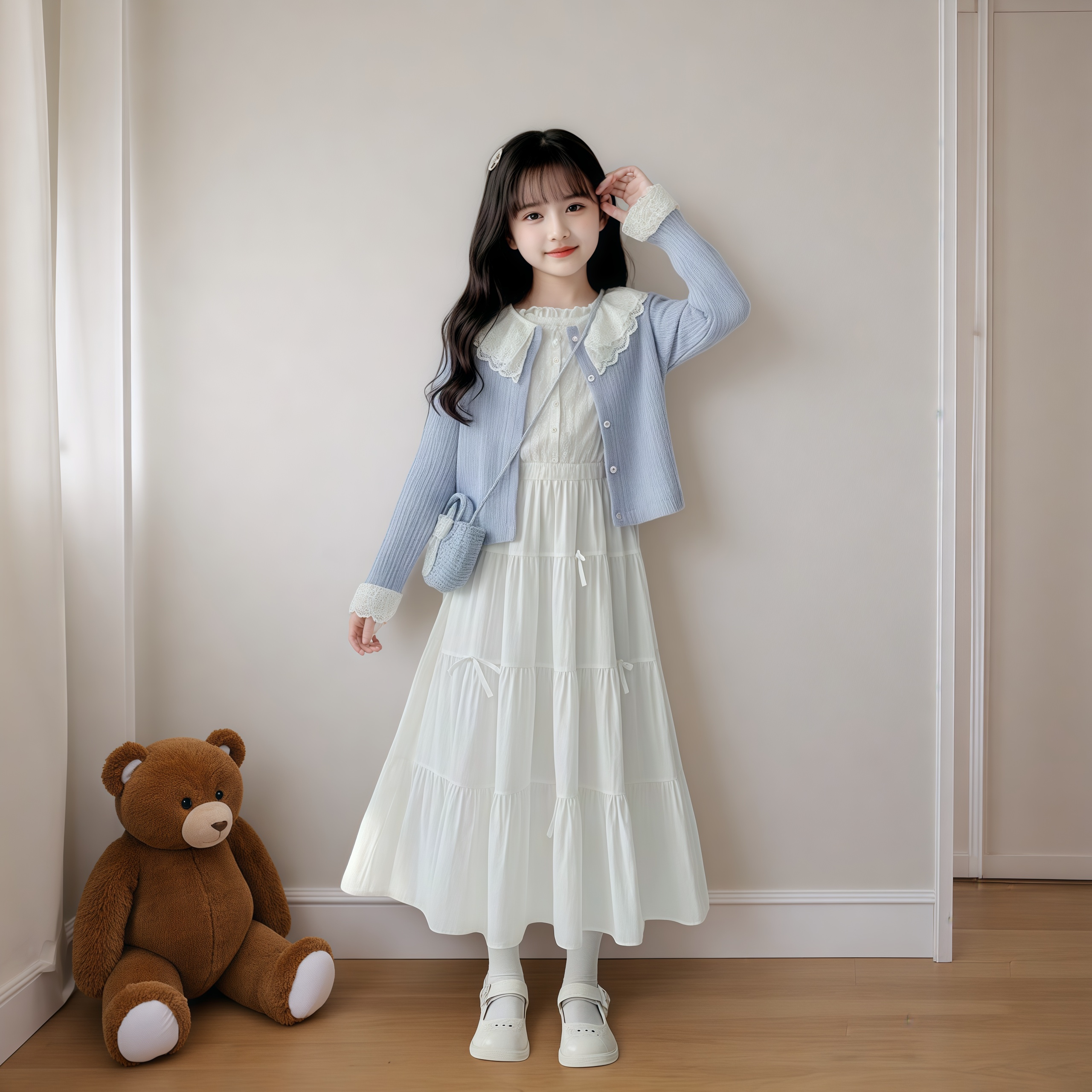 女童春装连衣裙套装2026新款初中生女孩洋气长袖开衫半身裙两件套