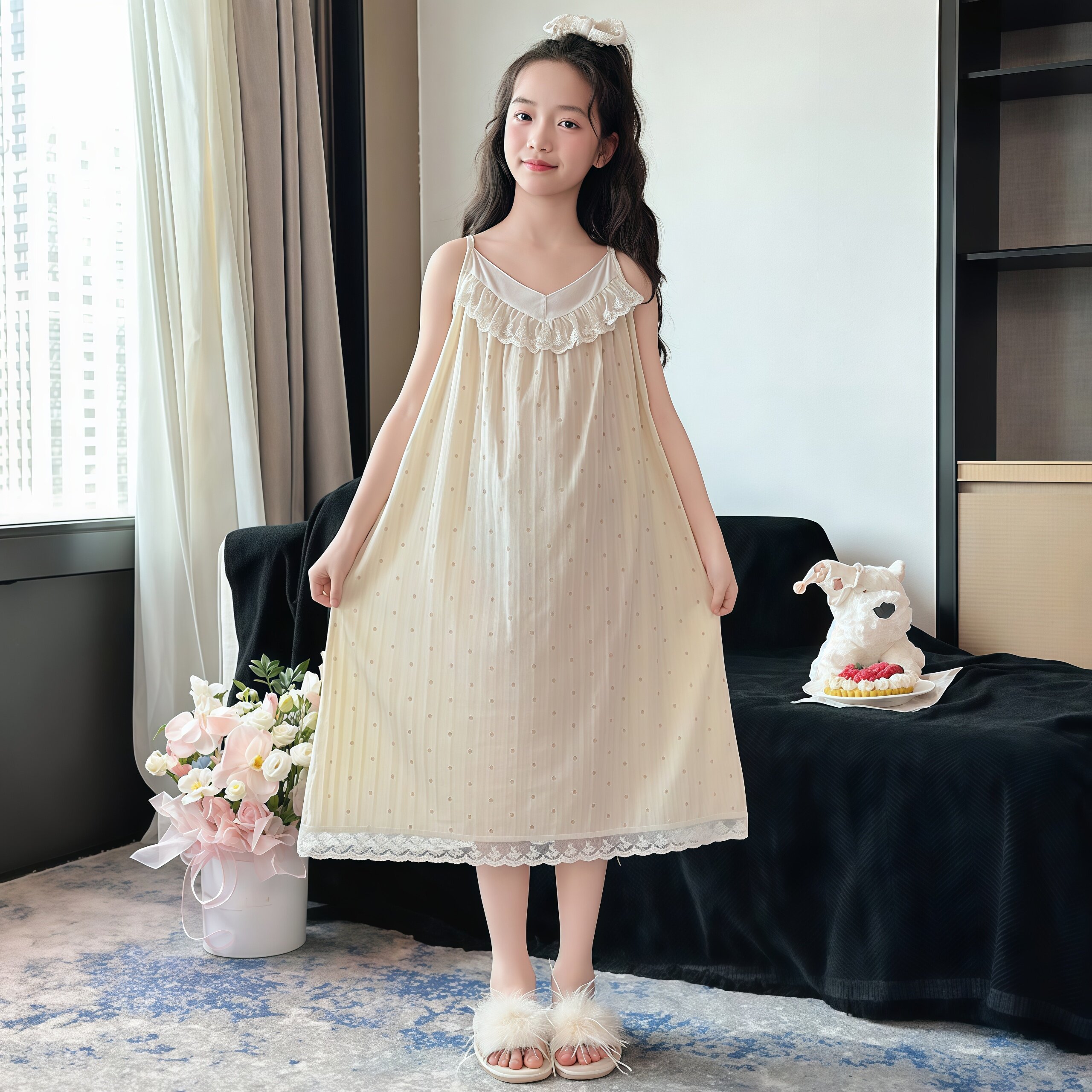 2026新款女童吊带睡裙夏季薄款蕾丝公主裙女孩洋气外穿家居服睡衣