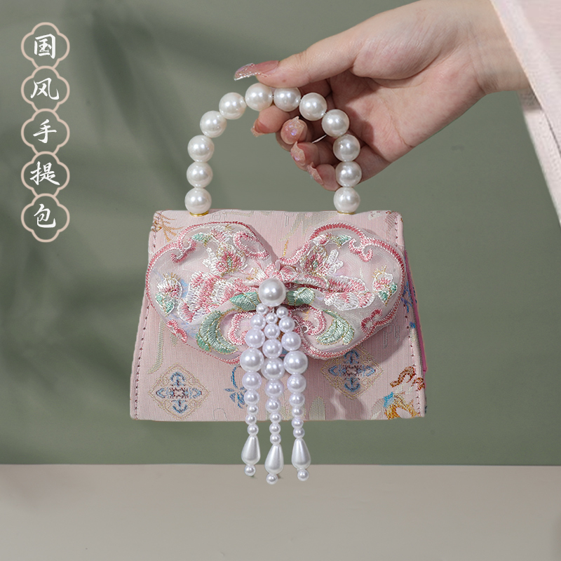 儿童斜挎包新中式古风包包女童公主手提包刺绣珍珠出游拍照零钱包