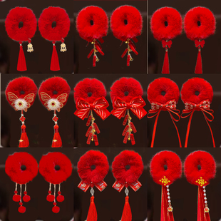 儿童新年红色毛绒发圈国风汉服发饰女童2026新款过年拜年发绳头饰