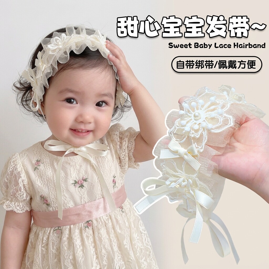 女宝宝蕾丝花边发带婴儿甜美公主风新生儿头饰法式宫廷风网纱发带