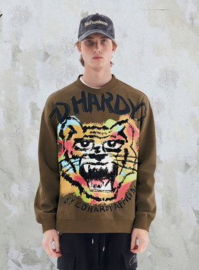 EDHARDY X2025秋季新款涂鸦咆哮虎头烫钻印花圆领国潮设计感卫衣