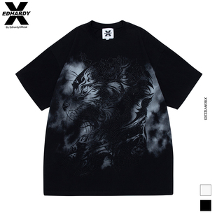 休闲流短袖 国潮水墨猫猫头烫钻男女同款 T恤 夏季 EdHardyX2025新款