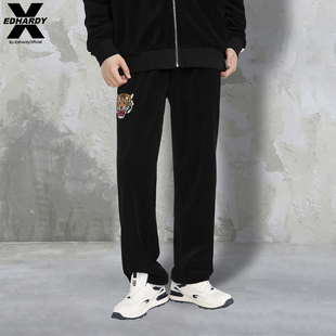 子 运动裤 EdHardyX春秋黑色虎头烫钻天鹅绒直筒长裤 潮牌宽松休闲裤