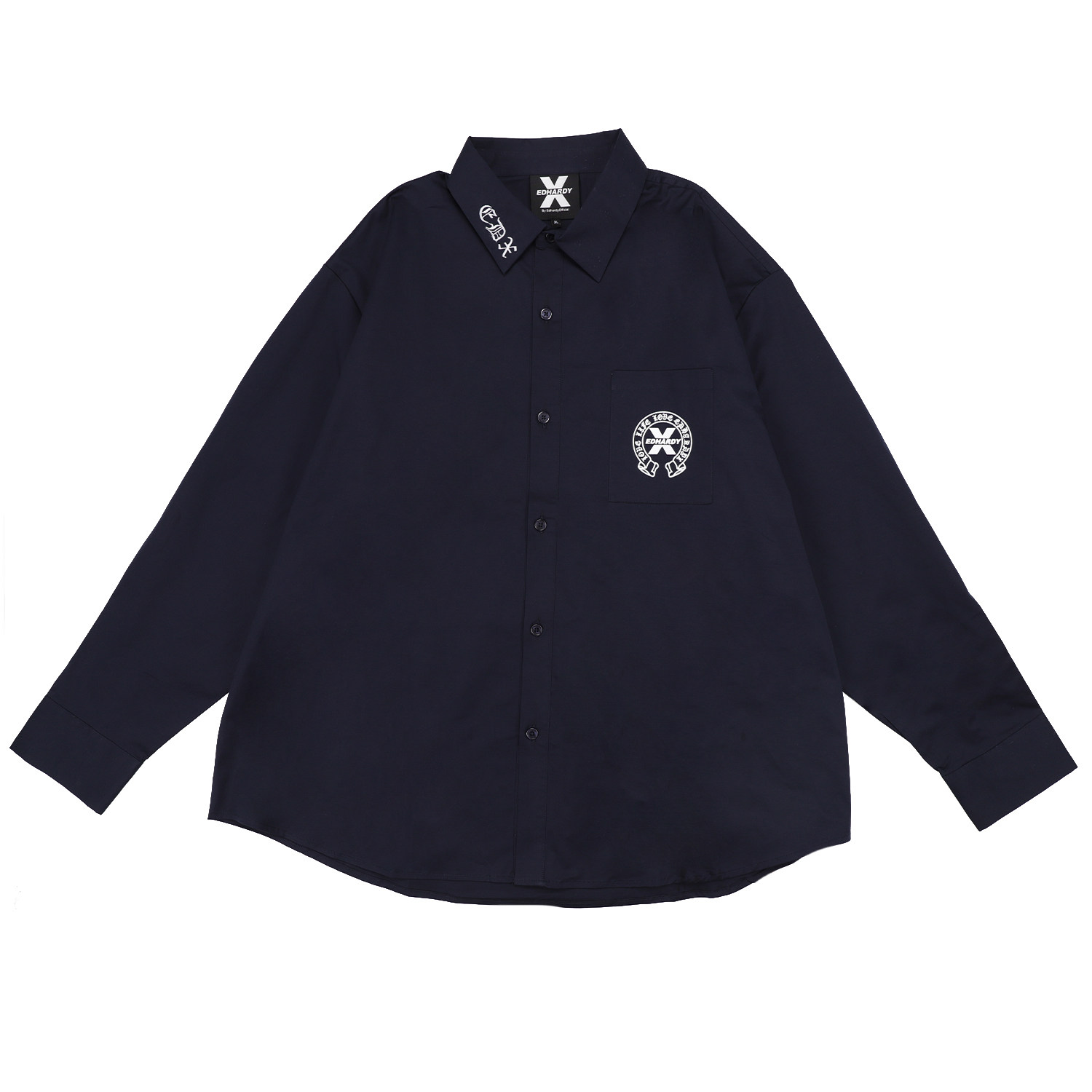 EdHardyX春秋领口胸前刺绣潮牌时尚个性黑白男女同款国潮衬衫上衣,男装,衬衫,淘宝优惠券,粉丝福利购,淘宝优惠卷