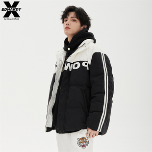 EdHardyX冬季男女款羽绒服常规立领白鸭绒潮流撞色拼接立领羽绒服