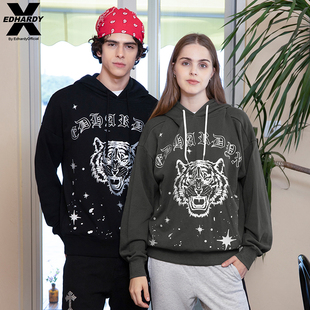 100%棉老虎头图案烫银工艺男女连帽套头卫衣 X25秋冬新品 Hardy
