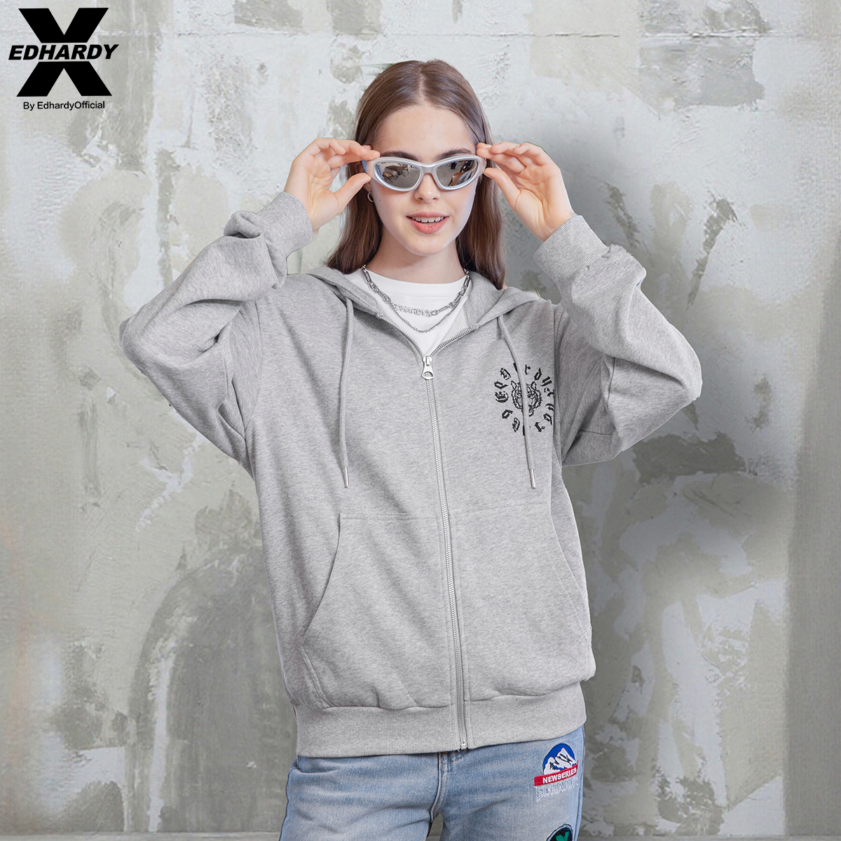 Ed Hardy X男女开衫卫衣100%纯棉秋冬新款连帽烫钻虎头标连帽外套