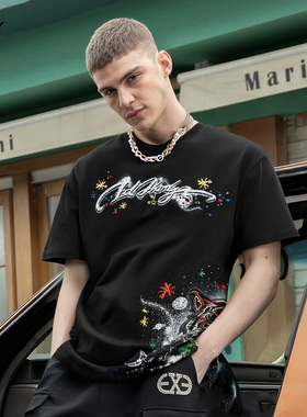 Ed Hardy X新款100%棉印花休闲潮流烫钻短袖T恤X1C2TA122162