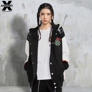 EdHardyX秋冬加绒刺绣潮牌个性 男女连帽运动棒球外套夹克上衣衣服