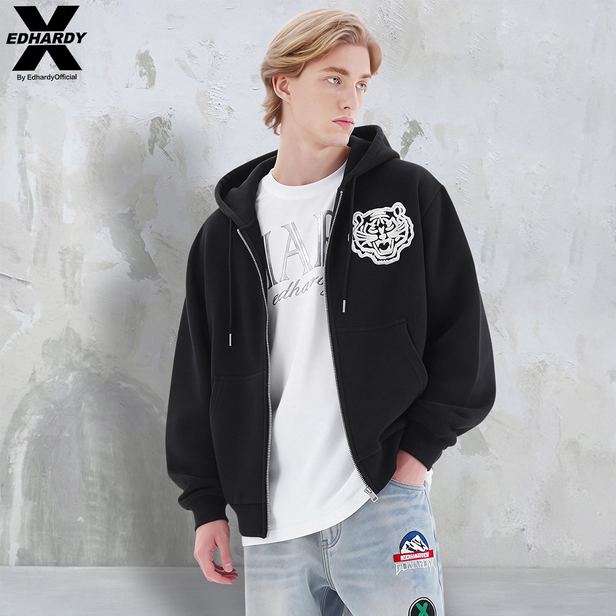 EDHARDY X春季新款宽松百搭连帽拉链毛巾绣虎头卫衣X1C4FA150373