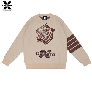 EdHardyX冬季潮牌时尚宽松烫钻虎头卡其情侣款国潮毛衣毛衫上衣男