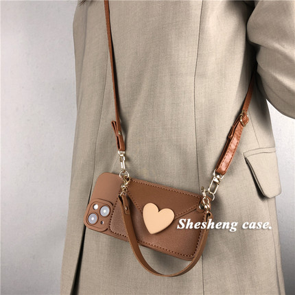 奶咖色爱心零钱包适用小米14/13/12/15/10手机壳pro斜挎红米K70女款K60背带式K50挂绳note13/12全包11硅胶K40