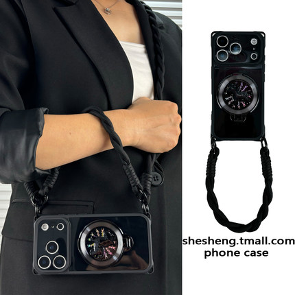 马年新年马上有钱黑色旋转支架适用oppo RENO14/13/12/11/10/9/8/7/6/5手机壳pro斜挎挂绳findx9手提x8软创意