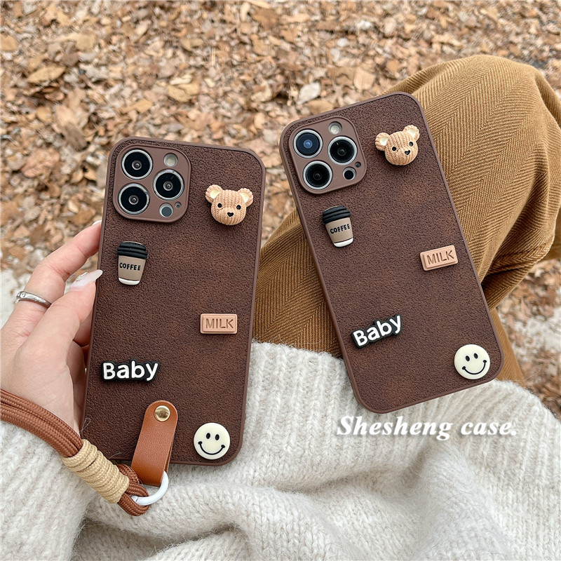 oppo棕色月坑纹咖啡熊手绳手机壳