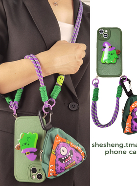 卡通绿色小怪兽支架适用小米15/14/13/12/11手机壳Pro斜挎挂绳红米note13/14手提链K70可背带K80包包K60新款E