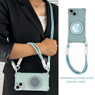 高级感浅蓝色旋转支架适用iPhone16/15手机壳17苹果12/13/14pro max磁吸11斜挎挂绳plus可背带创意新款小众软