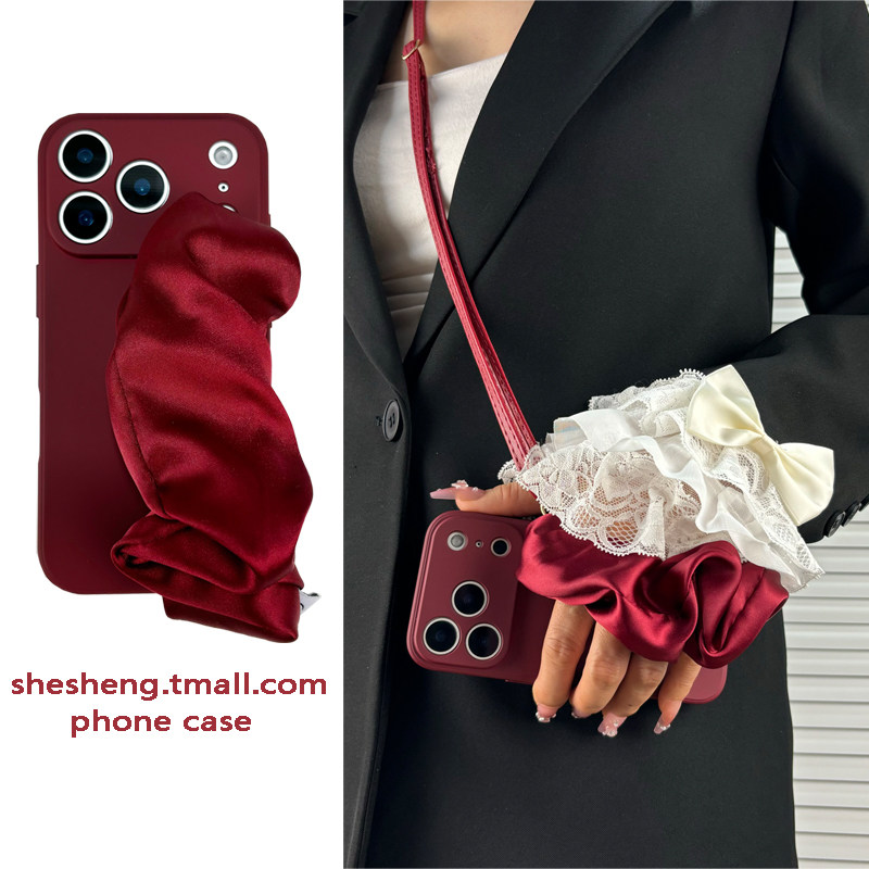 新年酒红色褶皱丝绸手腕带手机壳