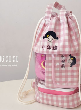 Mengdodo彩色格子卡通名字定制小学餐包幼儿园防水手提收纳双肩包