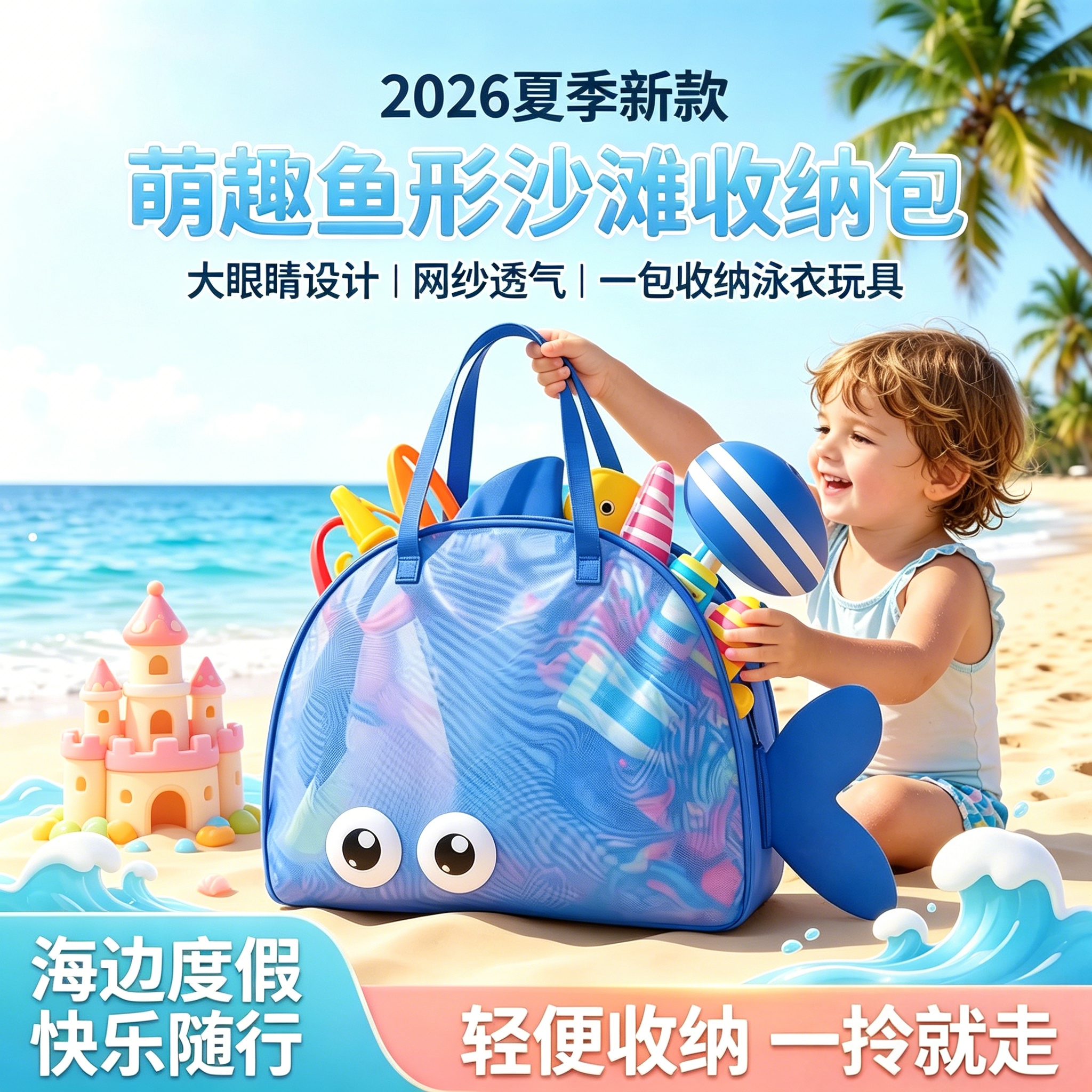 2026夏季新款沙滩包海边玩具泳衣收纳包大眼睛手提式网纱收纳袋子