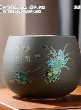紫砂水缸水培花盆蓄水无孔贴花彩绘手绘绿植睡莲水仙碗莲铜钱草