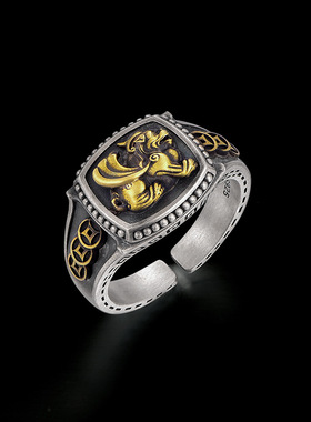 国风潮铜镀银手工饰品泰银色招财貔貅浮雕戒指复古个性中指环开口