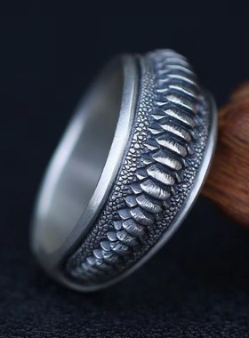 国风潮铜镀银手工饰品复古镶边蛇鳞戒指泰银色潮嘻哈个性简约百搭