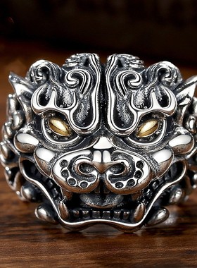 国风潮铜镀银手工饰品新款神兽貔貅戒指泰银色复古天禄指环个性宽