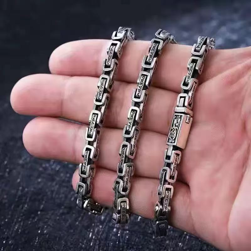 国风潮铜镀银手工饰品六字真言龙纹方形项链环套环项链时尚韩版潮