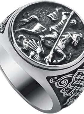国风潮铜镀银手工饰品泰银色欧洲中世纪骑士屠龙戒指嘻哈男复古礼