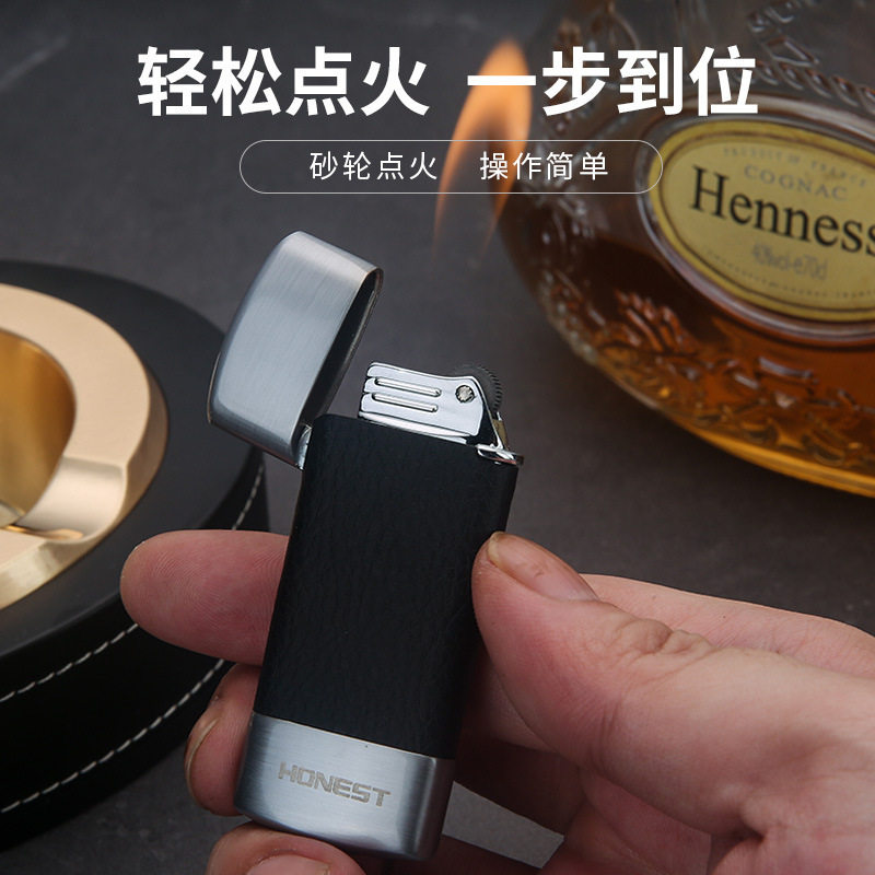 百诚高档皮质复古超薄窄版砂轮充气打火机个性小巧经典耐用送男友