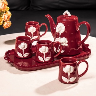 法式高级感玫瑰花浮雕水具套装陶瓷茶壶茶杯茶盘轻奢高档送礼盒装