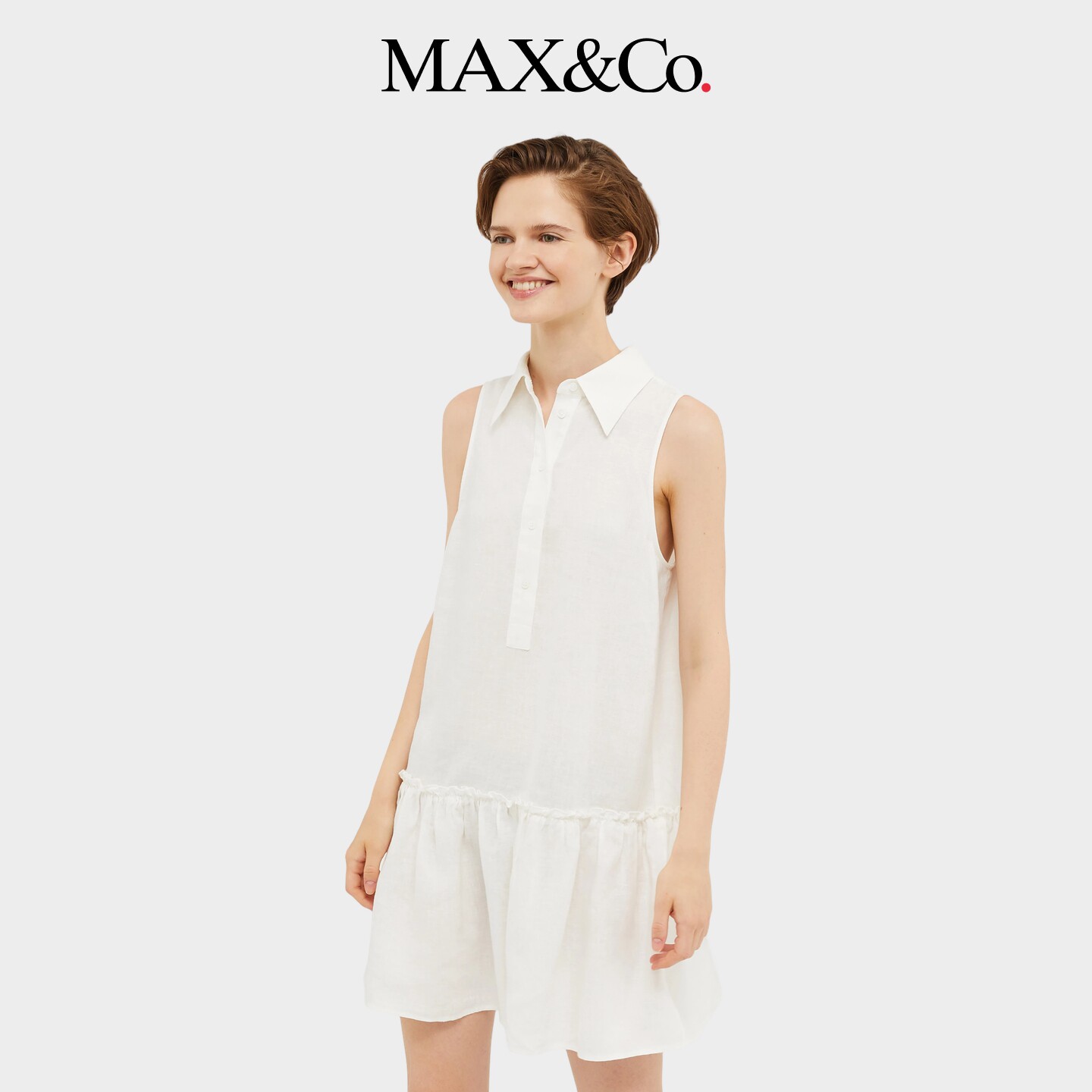 MAX&Co.女装白色亚麻帆布迷你及膝无袖连衣短裙622101450