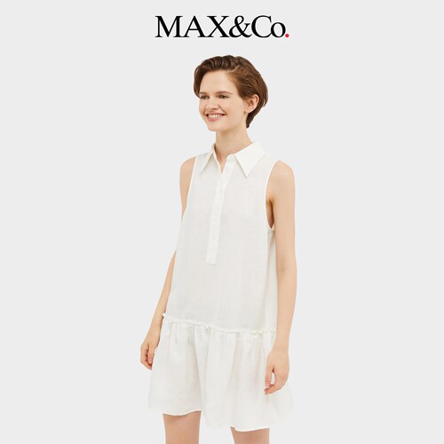 MAX&Co.女装白色亚麻帆布迷你及膝无袖连衣短裙622101450